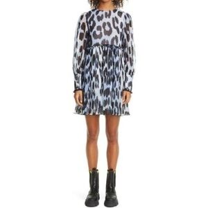 GANNI Georgette Long Sleeve Blue Leopard Print Dress EU 40